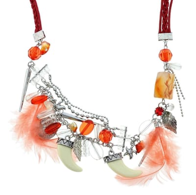 Behave - Rode Ketting met Gevlochten Touw en Veer, Munt en Blad Hangers - 40 cm