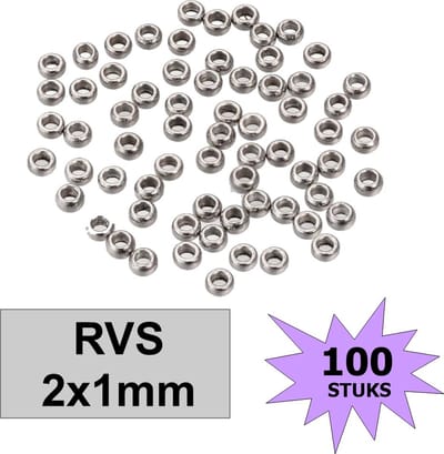 Fako Bijoux® - Knijpkralen - Knijp Kralen - Crimp Beads - RVS - Stainless Steel - 2x1mm - 100 Stuks - Zilverkleurig