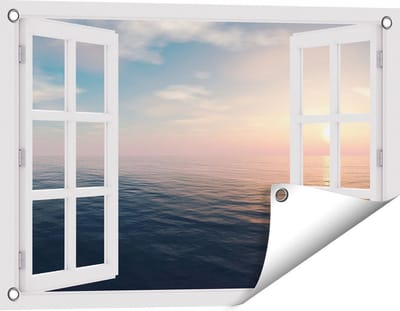 Gards Tuinposter Doorkijk Zee Water tijdens Zonsondergang - 60x40 cm - Tuindoek - Tuindecoratie - Wanddecoratie buiten - Tuinschilderij
