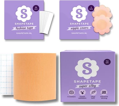 Shapetape Boob Tape met 10 Nipple covers en Fashion tape - Boob Tape (7.5 cm breed) - 5 meter lang - Huidskleur - Boobtape - BH Tape - Plak BH - Tepelstickers - Tepelcovers - Borst tape - tepelplakkers - bh accessoires