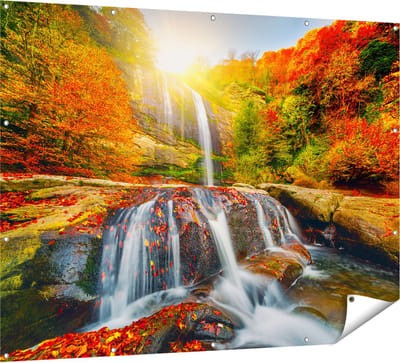 Gards Tuinposter Waterval in de Herfst Kleuren - 160x120 cm - Tuindoek - Tuindecoratie - Wanddecoratie buiten - Tuinschilderij
