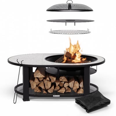 Blumfeldt Merano Circolo L vuurschaal - 3-in-1 vuurschaal met grillrooster & tafel, robuust stalen frame, terrazzo tafelblad, incl. vonkenvanger, pook & deksel, voor tuin & terras