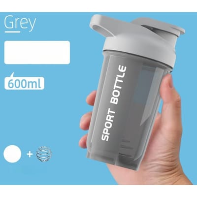 Zomerse shakerbeker, outdoor reisbeker, sportbeker, lekvrije waterfles, beker voor eiwitpoeder, draagbare plastic beker voor eiwitpoeder 600ml gray