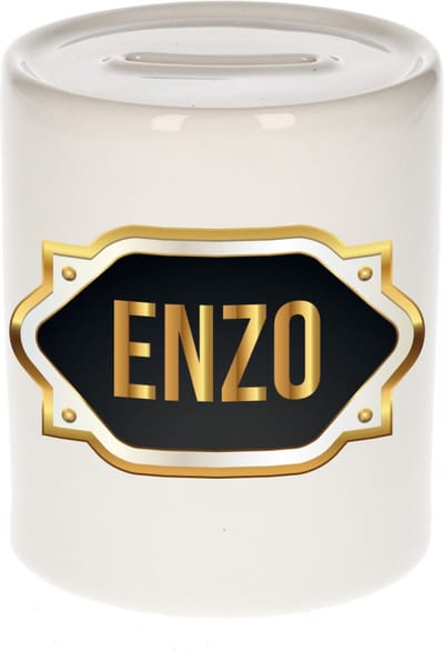 Spaarpot met voornaam Enzo - wit - met goud/zwart embleem - 8 x 9 cm - keramiek - met afsluitdop - cadeau verjaardag