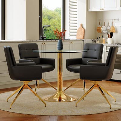 MODENUIT Eettafelset 85 cm - Ronde Tafel Met Geharde Glasplaat - Voor Eetkamer En Café - Glas, Metaal, PU - Zwart Goud