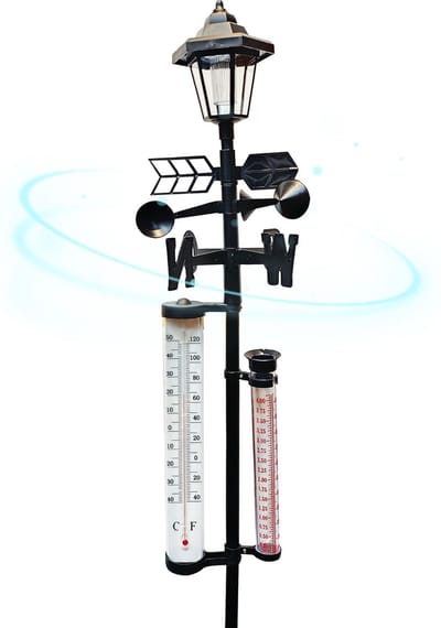 Orange Donkey Solar Weerstation, 3-in-1 weermeter op zonne-energie – Regenmeter, windrichtingmeter en temperatuurmeter in Celsius en Fahrenheit - Thermometer buiten analoog met verlichting en grondpen