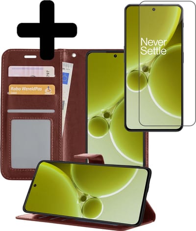 Hoesje - Met Screenprotector - Geschikt voor OnePlus Nord 3 - Luxe Pasjeshouder - Bookcase Portemonee - Flip Case - Kunstleer Book Case - Flipcase - Book Cover - Walletcase - Portemonneehoes - Telefoonhoesjes - Bruin