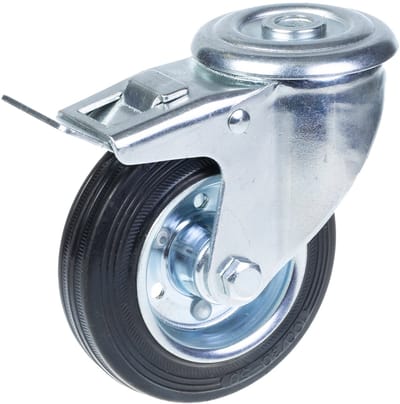 Draaibare wiel met rem van 100 mm met zwart rubber op een hartwiel van geperst staal