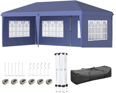 Luxe Tuinpaviljoen - Pop-up Paviljoen met ramen & 4 Afneembare Zijpanelen - Opvouwbaar - 3 x 6 m - Prieel - Partytent - Pergola - Gazebo - Feesttent - Tuintent - Waterdicht - voor Tuin, Camping & Feest - Blauw