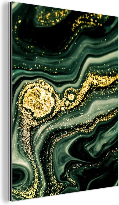 Wanddecoratie Metaal - Aluminium Schilderij Industrieel - Marmer - Goud - Glitter - Groen - Marmerlook - Luxe - 60x80 cm - Dibond - Foto op aluminium - Industriële muurdecoratie - Voor de woonkamer/slaapkamer