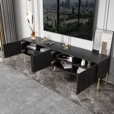 MODENUIT Tv-meubel - 4 Deuren Met Groefpatroon - Opbergruimte Voor Woonkamer - Zwart - 190x38x48 Cm