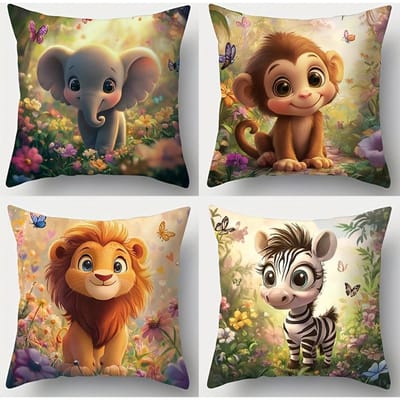 Ensemble de 4 taies d'oreiller imprimées – Thème Animaux de la Savane avec Éléphants, Singes, Lions & Zèbres 35x35cm white