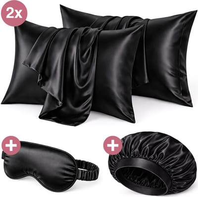 Soft & Silky Satijnen Kussensloop set van 2 - Incl. bonnet en slaapmasker - 60x70 cm - Slaapmuts - Krullen - Satijn - Moerbij - Zijden - Beauty - Zachte - Satin - Kussenslopen - Zwart
