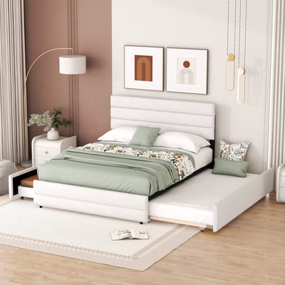Sweiko 140 x 200 gewatteerd bed, Tweepersoonsbed, Platformbed met Brocheermachine voor twee personen en 2 laden, Beige