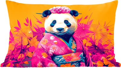 Sierkussens - Kussentjes Woonkamer - 60x40 cm - Kimono - Roze - Panda - Bloemenkroon