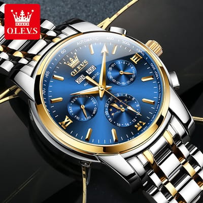 HO-6633.gz-bl : OLEVS mechanisch zilver/goudkl edelstaal horloge, blauwe wijzerplaat, tachymeter, maand-dag, week-dag, jaar, maand, 24u maanfase - aanduiding