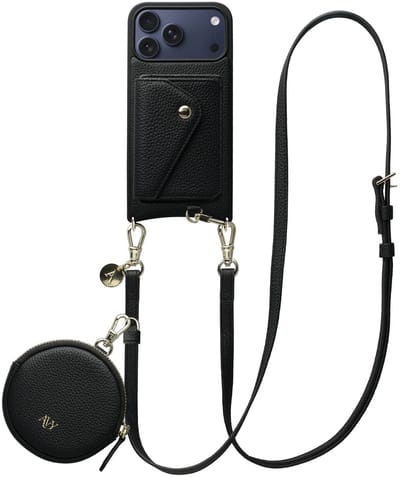 AVY Leren Hoesje geschikt voor Apple iPhone 17 Pro Max | Met Koord, Wallet en Pouch | Compatibel met MagSafe | Leather Case met 130CM Koord | Long Leather | Zwart