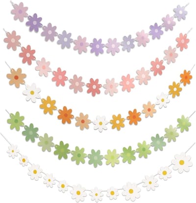 Vrolijke Gekleurde Daisy Feestbanner - Schattige Hangdecoraties voor Binnen, Bloemdecoraties voor Meisjesverjaardagen in Wit, Roze, Geel, Groen en Paars