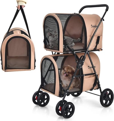 SnelShoppen - Hondenwagen met 2 etages, gaasvensters, bekerhouders, huisdierbuggy tot 16 kg, kattenbuggy voor 2 kleine honden of katten, beige, ideaal