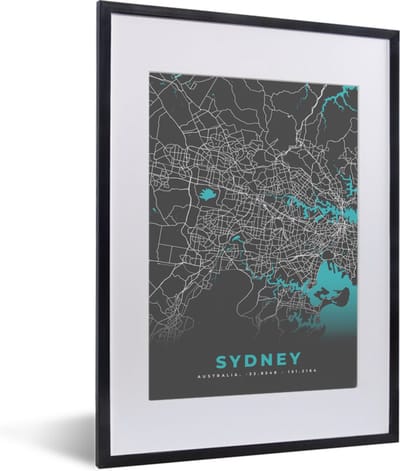 Fotolijst incl. Poster - Sydney - Stadskaart - Plattegrond - Blauw - Kaart - 30x40 cm - Posterlijst