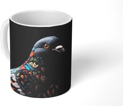 Mok - Koffiemok - Duif - Bloemen - Zwart - Mokken - 350 ML - Beker - Koffiemokken - Theemok