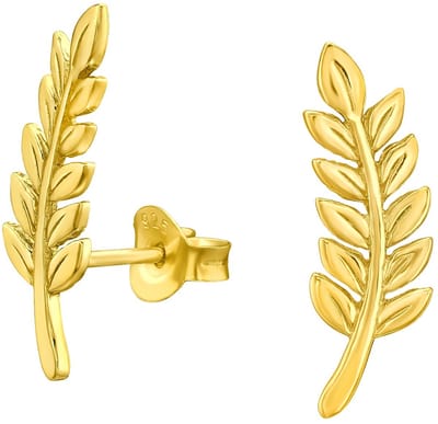 Joy|S - Zilveren blad oorbellen - 6 x 17 mm - blaadjes / takje oorknoppen - massief - goldplated