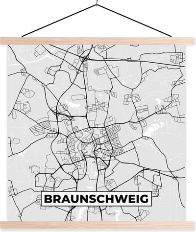Posterhanger incl. Poster 40x40 cm - Schoolplaat - Duitsland - Stadskaart - Plattegrond - Braunschweig - Kaart - Textielposter - Blanke latten - Stadskaart