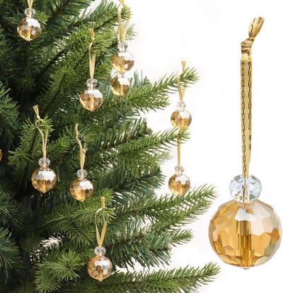 12x Mini Kristallen Kerstballen Hangdecoratie Glas Prismaballen Set Goudkleurig