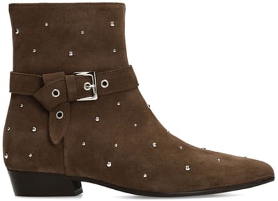Manfield - Dames - Bruine suède enkellaarsjes met gespdetail - Maat 40