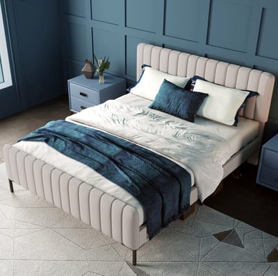 MEUNIQ gestoffeerd tweepersoons bed 140 x 200 cm met lattenbodem en verstelbaar hoofdbord, bedframe voor slaapkamer of logeerkamer in grijs en beige