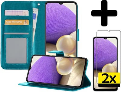 Hoesje - Met 2x Screenprotector - Geschikt voor Samsung Galaxy A32 4G - Luxe Pasjeshouder - Bookcase Portemonee - Flip Case - Kunstleer Book Case - Flipcase Hoes - Book Cover - Walletcase - Portemonneehoes - Telefoonhoesjes - Turquoise