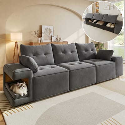 3-Zitsbank, Moderne Modulaire 3-zitsbank met Brede Armleuningen, Comfortabele Zithoek, Geïntegreerde Opbergruimte, Gestoffeerde Ligplek voor Huisdieren en Twee Kussens – Ideaal voor Woonkamers en Appartementen-Grijs