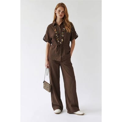 Katoenen Poplin Overhemd en Brede Pijpen Broek Set