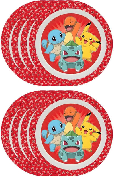 Pokémon thema ontbijt bordje - 8x - rood - D21 cm - kunststof - ontbijtbord - kinderbord