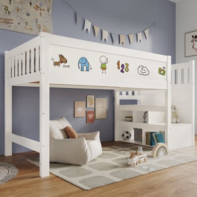 MODFU – Hoogslaper – 90x200 cm – Schrijfbord & Opbergruimte – Hout – Wit