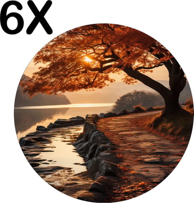 Luxe Ronde Placemat - Landschap - Boom - Water - Herfst - Set van 6 Placemats - 50x50 cm - 2 mm dik Vinyl - Anti Slip - Afneembaar