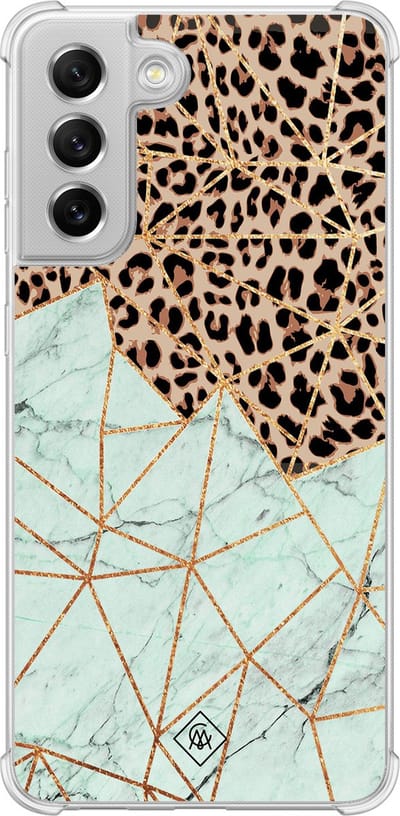 Casimoda® hoesje - Geschikt voor Samsung Galaxy S21 FE - Luipaard Marmer Mint - Shockproof case - Extra sterk - Siliconen/TPU - Mint, Transparant