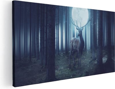 Artaza Canvas Schilderij Hert - 40x20 cm - Klein - Wanddecoratie Bos - Muurdecoratie Maan - Schilderijen Op Canvas Mystiek