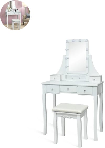 Kaptafel met spiegel en verlichting - Make up tafel - Make up - Toilettafel - Met lades - Wit