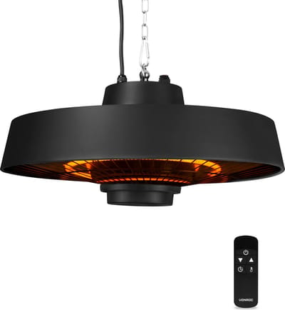 VONROC Sfeervolle terrasverwarmer hangend – Vulcano 2000W – Krachtige infraroodlamp – met 2 warmteniveau’s, timer en afstandsbediening