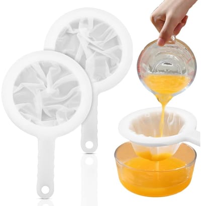 2-Pack - Fijne nylon gaaszeef - Plastic gaaszeef met handvat - Mini pekelgarnalenscheider - Voor het zeven van sap, melk, soja, koffie, honing, wijn, yoghurt (mesh, 400 mesh)