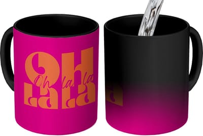 Magische Mok - Foto op Warmte Mokken - Koffiemok - Oh la la - Roze - Oranje - Gestapelde letters - Magic Mok - Beker - 350 ML - Theemok