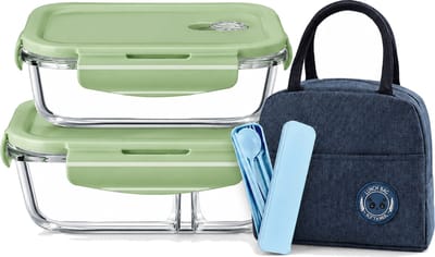 Broodtrommelset van borosilicaatglas, 1040 ml met twee vakken + 640 ml, met bestek en lunchtas