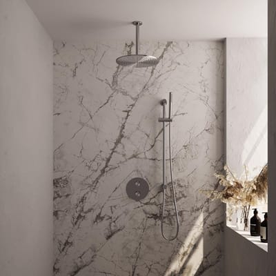 Brauer Brushed Edition thermostatische inbouw regendouche 3-weg rond SET 90 met 30 cm douchekop en plafondarm en staaf handdouche en doucheslang en geïntegreerde glijstang RVS geborsteld PVD