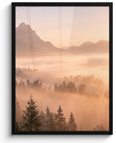 Poster in lijst - Fotolijst 60x80 cm - Posters - Zonlicht - Mist - Bergen - Bomen - Posterlijst zwart - Decoratie - Wanddecoratie woonkamer - Muurdecoratie slaapkamer
