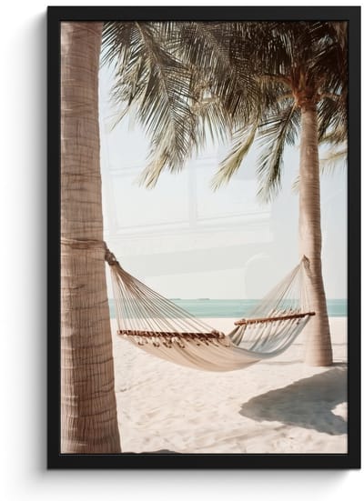 Poster in lijst - Fotolijst 40x60 cm - Posters - Hangmat - Palmbomen - Strand - Zee - Posterlijst zwart - Decoratie - Wanddecoratie woonkamer - Muurdecoratie slaapkamer