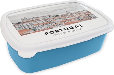 Broodtrommel Blauw - Lunchbox - Brooddoos - Portugal - Europa - Rood - Skyline - 18x12x6 cm - Kinderen - Jongen