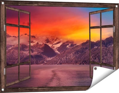 Gards Tuinposter Doorkijk Meer bij de Bergen bij Zonsondergang - 90x60 cm - Tuindoek - Tuindecoratie - Wanddecoratie buiten - Tuinschilderij