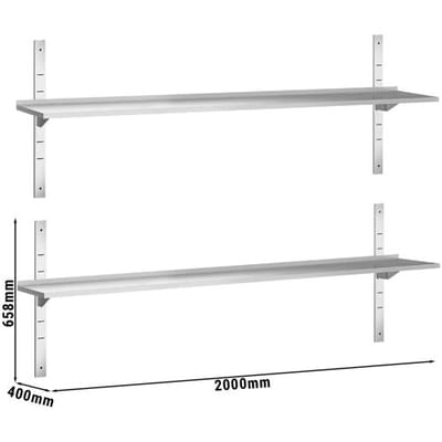 GGM Gastro Wandborde PREMIUM - 2000x400mm - mit 2 Etagen Zilver