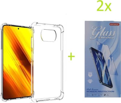 Hoesje Geschikt voor: Xiaomi POCO X3 / X3 Pro - Anti Shock Silicone Bumper - Transparant + 2X Tempered Glass Screenprotector